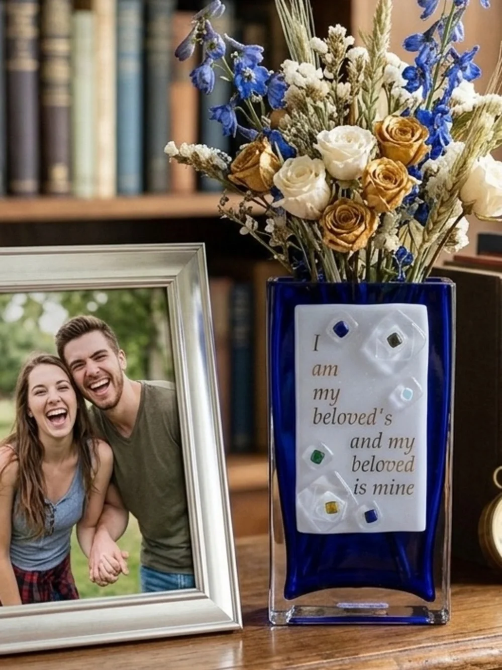 Beames Designs Cobalt Blue Art Glass Vase w/Fused White Panel “I Am My Beloved's